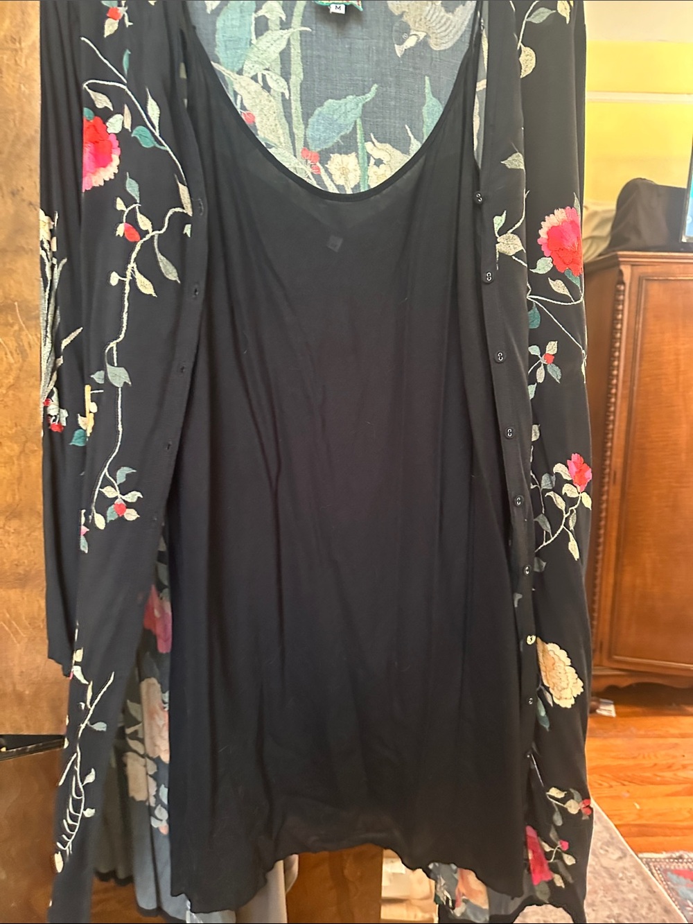 Johnny Was Black Floral Button-Front Dress with Pink and Cream Blooms